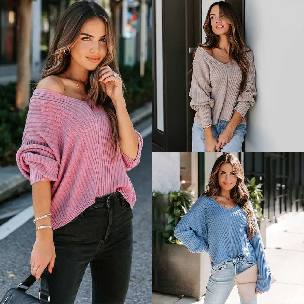 Solid Color Long Sleeve V-Neck Casual Sweater