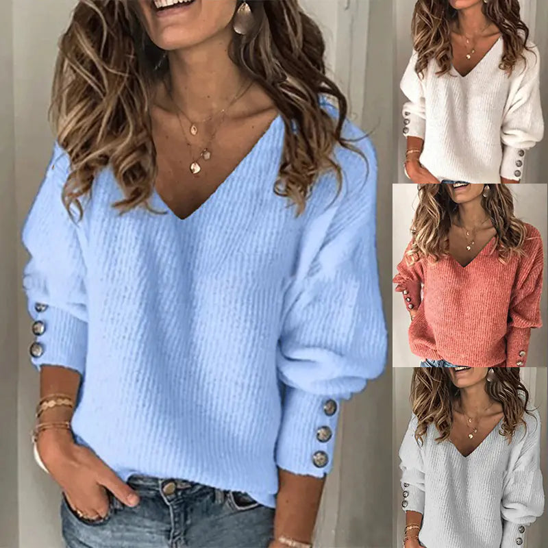 Fashionable Women's Solid Color Knit V-Neck Sleeve T-Shirt