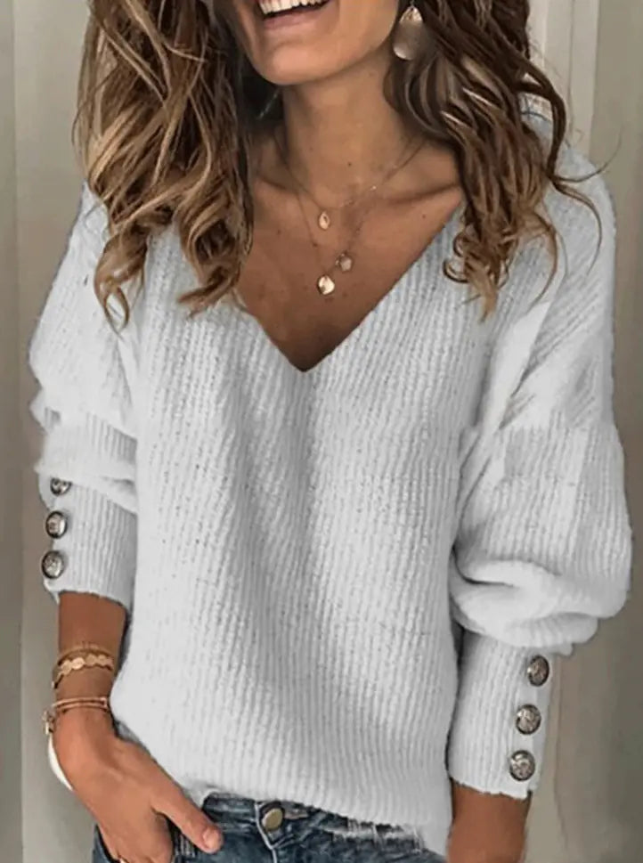 Fashionable Women's Solid Color Knit V-Neck Sleeve T-Shirt